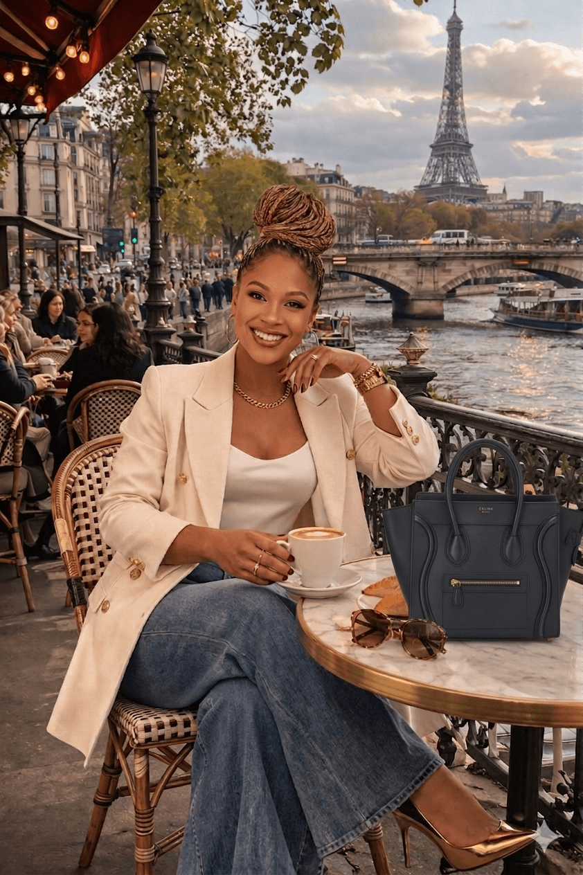 Fashion editorial at a Parisian café anchoring the K Scan hero composition